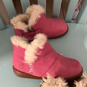 Pink and tan timberland toddler boots size 6